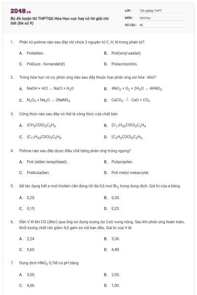 Bộ đề  luyện thi THPTQG Hóa Học cực hay có lời giải chi tiết (Đề số 9)