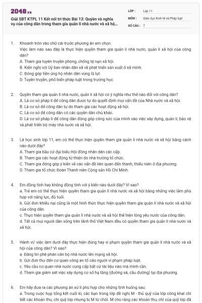 Giải SBT KTPL 11 Kết nối tri thức Bài 13: Quyền và nghĩa vụ của công dân trong tham gia quản lí nhà nước và xã hội có đáp án