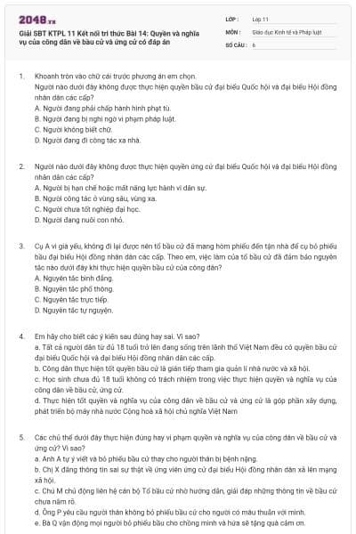 Giải SBT KTPL 11 Kết nối tri thức Bài 14: Quyền và nghĩa vụ của công dân về bầu cử và ứng cử có đáp án
