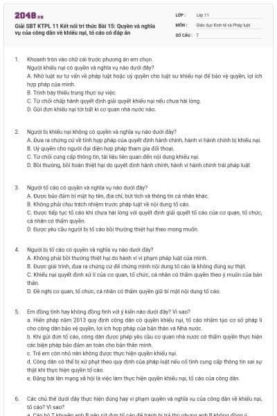 Giải SBT KTPL 11 Kết nối tri thức Bài 15: Quyền và nghĩa vụ của công dân về khiếu nại, tố cáo có đáp án