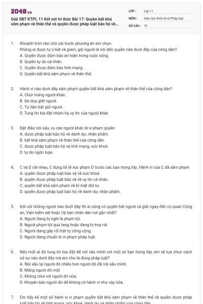 Giải SBT KTPL 11 Kết nối tri thức Bài 17: Quyền bất khả xâm phạm về thân thể và quyền được pháp luật bảo hộ về tính mạng, sức khỏe, danh dự, nhân phẩm của công dân có đáp án