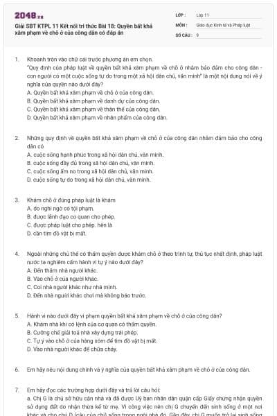 Giải SBT KTPL 11 Kết nối tri thức Bài 18: Quyền bất khả xâm phạm về chỗ ở của công dân có đáp án