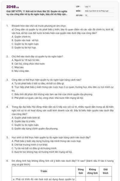 Giải SBT KTPL 11 Kết nối tri thức Bài 20: Quyền và nghĩa vụ của công dân về tự do ngôn luận, báo chí và tiếp cận thông tin có đáp án