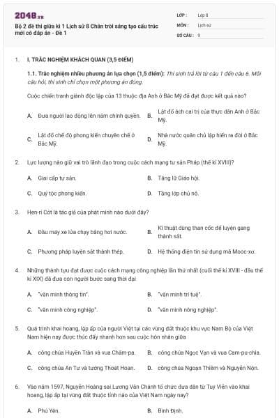 Bộ 2 đề thi giữa kì 1 Lịch sử 8 Chân trời sáng tạo cấu trúc mới có đáp án - Đề 1