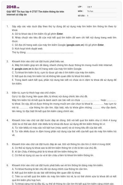 Giải VBT Tin học lớp 4 CTST Tìm kiếm thông tin trên internet có đáp án