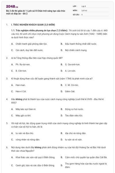 Bộ 2 đề thi giữa kì 1 Lịch sử 8 Chân trời sáng tạo cấu trúc mới có đáp án - Đề 2