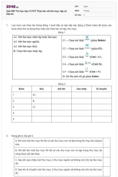 Giải VBT Tin học lớp 4 CTST Thao tác với thư mục, tệp có đáp án