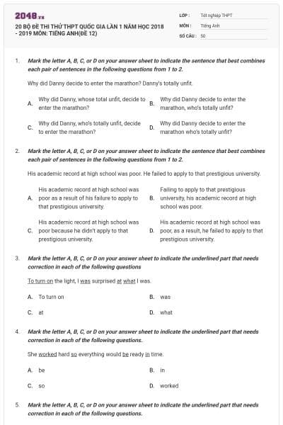 20 BỘ ĐỀ THI THỬ THPT QUỐC GIA LẦN 1 NĂM HỌC 2018 - 2019 MÔN: TIẾNG ANH(ĐỀ 12)