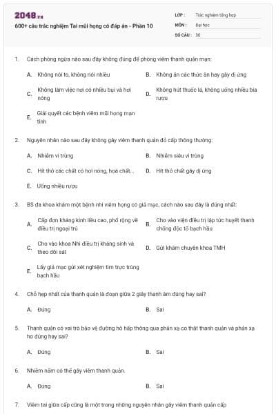 600+ câu trắc nghiệm Tai mũi họng có đáp án - Phần 10