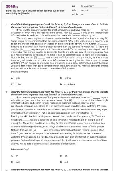 Đề thi thử THPTQG năm 2019 chuẩn cấu trúc của bộ giáo dục có đáp án (Đề số 4)