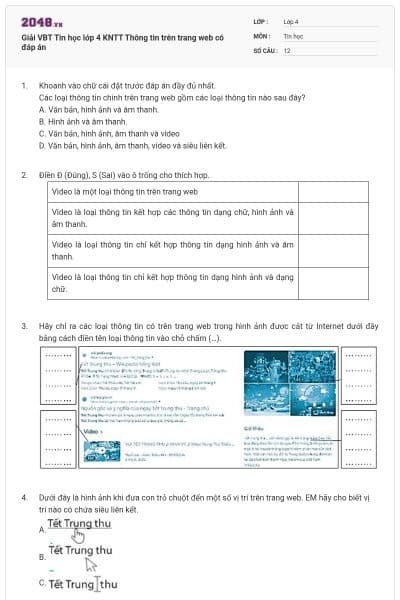 Giải VBT Tin học lớp 4 KNTT Thông tin trên trang web có đáp án