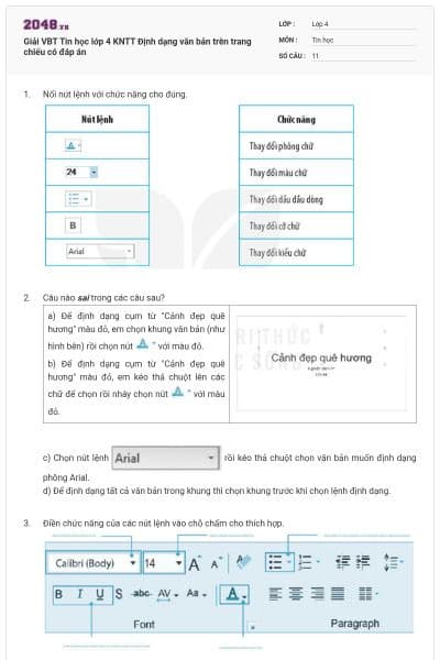 Giải VBT Tin học lớp 4 KNTT Định dạng văn bản trên trang chiếu có đáp án