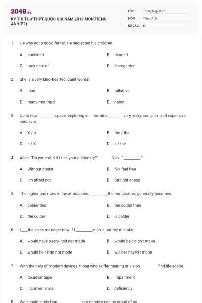 KỲ THI THỬ THPT QUỐC GIA NĂM 2019 MÔN TIẾNG ANH(P2)