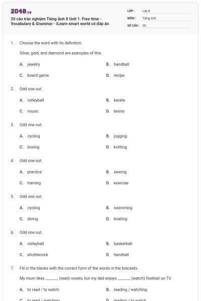 20 câu trắc nghiệm Tiếng Anh 8 Unit 1. Free time - Vocabulary & Grammar - iLearn smart world có đáp án