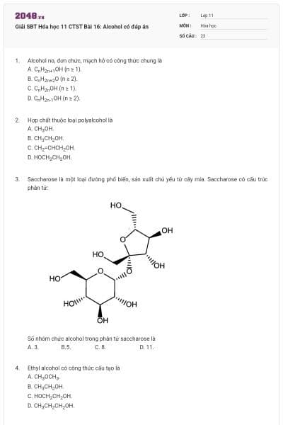 Giải SBT Hóa học 11 CTST Bài 16: Alcohol có đáp án