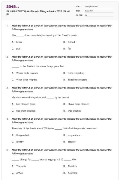 Đề thi thử THPT Quốc Gia môn Tiếng anh năm 2020 (Đề số 8)