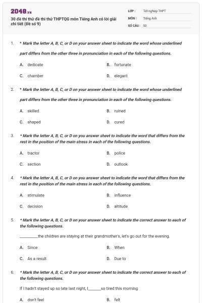 30 đề thi thử đề thi thử THPTQG môn Tiếng Anh có lời giải chi tiết (Đề số 9)