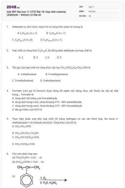 Giải SBT Hóa học 11 CTST Bài 18: Hợp chất carbonyl (Aldehyde – ketone) có đáp án