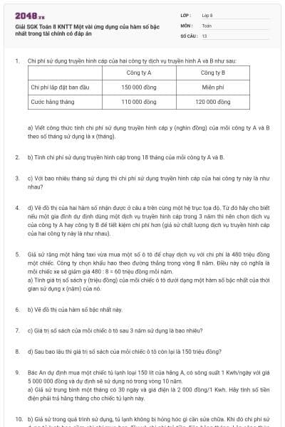 Giải SGK Toán 8 KNTT Một vài ứng dụng của hàm số bậc nhất trong tài chính có đáp án