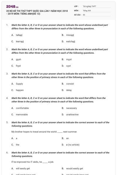 20 BỘ ĐỀ THI THỬ THPT QUỐC GIA LẦN 1 NĂM HỌC 2018 - 2019 MÔN: TIẾNG ANH(ĐỀ 13)
