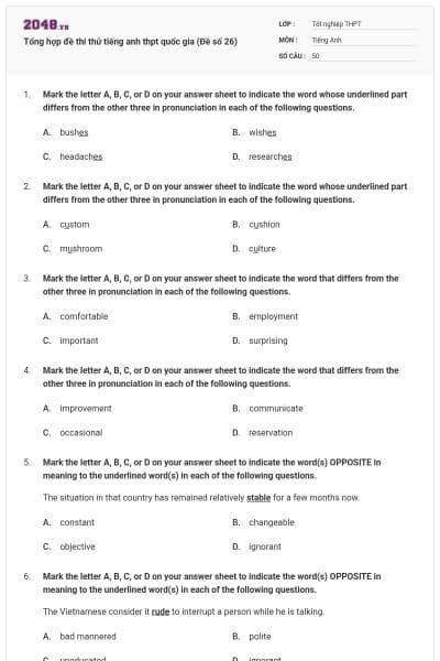 Tổng hợp đề thi thử tiếng anh thpt quốc gia (Đề số 26)