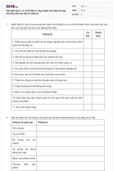 Giải SBT Địa Lí 11 CTST Bài 4: Thực hành: tìm hiểu về toàn cầu hóa, khu vực hóa có đáp án