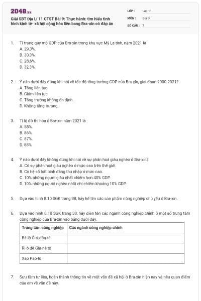 Giải SBT Địa Lí 11 CTST Bài 9: Thực hành: tìm hiểu tình hình kinh tế- xã hội cộng hòa liên bang Bra-xin có đáp án