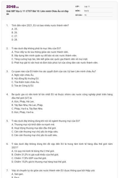 Giải SBT Địa Lí 11 CTST Bài 10: Liên minh Châu Âu có đáp án