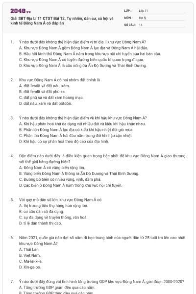 Giải SBT Địa Lí 11 CTST Bài 12. Tự nhiên, dân cư, xã hội và kinh tế Đông Nam Á có đáp án