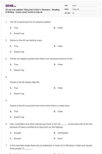 20 câu trắc nghiệm Tiếng Anh 8 Unit 4. Disasters - Reading & Writing - iLearn smart world có đáp án