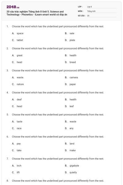 20 câu trắc nghiệm Tiếng Anh 8 Unit 5. Science and Technology - Phonetics - iLearn smart world có đáp án