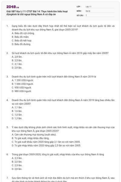 Giải SBT Địa Lí 11 CTST Bài 14: Thực hành:tìm hiểu hoạt độngkinh tế đối ngoại Đông Nam Á có đáp án
