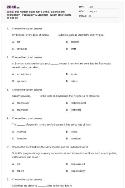20 câu trắc nghiệm Tiếng Anh 8 Unit 5. Science and Technology - Vocabulary & Grammar - iLearn smart world có đáp án
