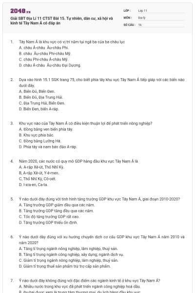 Giải SBT Địa Lí 11 CTST Bài 15. Tự nhiên, dân cư, xã hội và kinh tế Tây Nam Á có đáp án