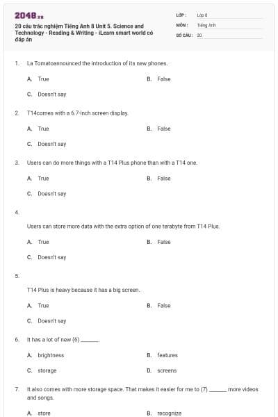 20 câu trắc nghiệm Tiếng Anh 8 Unit 5. Science and Technology - Reading & Writing - iLearn smart world có đáp án