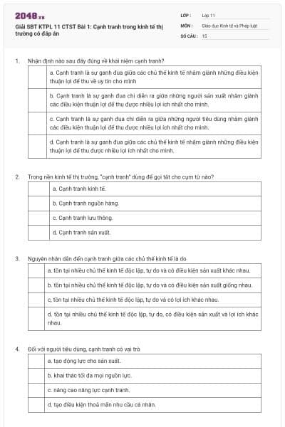 Giải SBT KTPL 11 CTST Bài 1: Cạnh tranh trong kinh tế thị trường có đáp án
