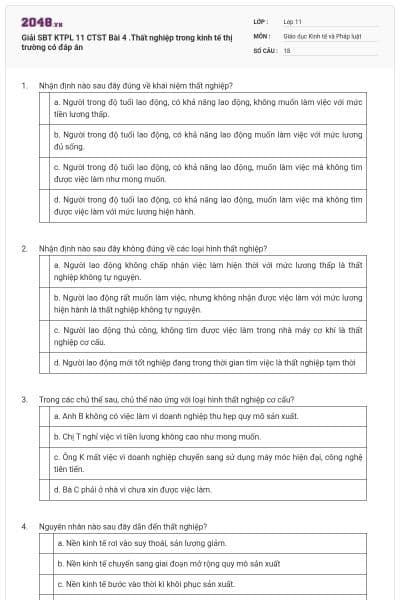 Giải SBT KTPL 11 CTST Bài 4 .Thất nghiệp trong kinh tế thị trường có đáp án