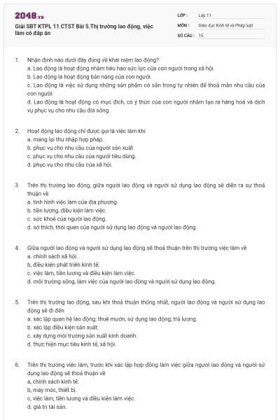 Giải SBT KTPL 11 CTST Bài 5.Thị trường lao động, việc làm có đáp án