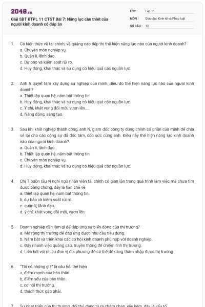 Giải SBT KTPL 11 CTST Bài 7: Năng lực cần thiết của người kinh doanh có đáp án