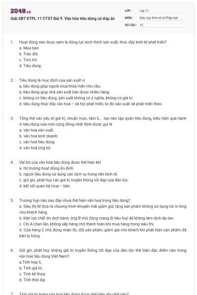 Giải SBT KTPL 11 CTST Bài 9. Văn hóa tiêu dùng có đáp án