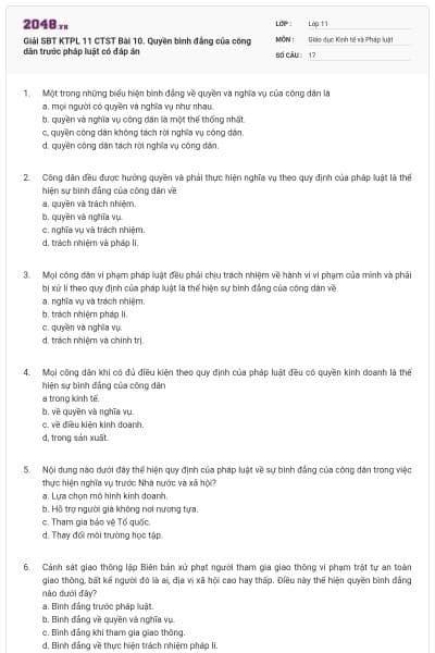 Giải SBT KTPL 11 CTST Bài 10. Quyền bình đẳng của công dân trước pháp luật có đáp án