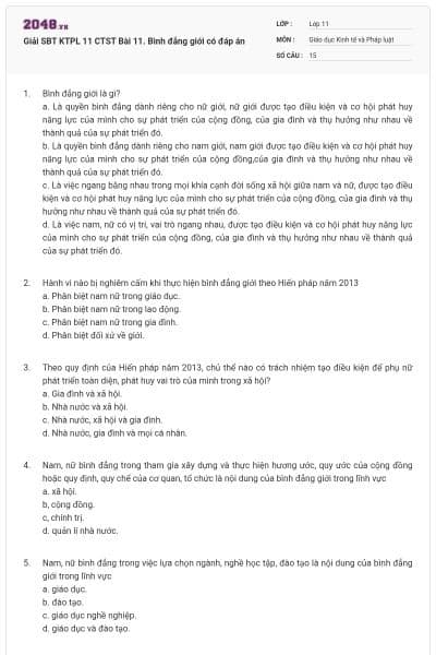 Giải SBT KTPL 11 CTST Bài 11. Bình đẳng giới có đáp án
