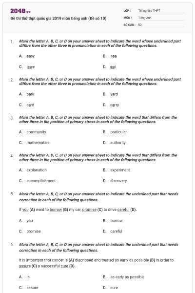 Đề thi thử thpt quốc gia 2019 môn tiếng anh (Đề số 10)