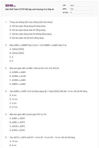 Giải SGK Toán 8 CTST Bài tập cuối chương 8 có đáp án