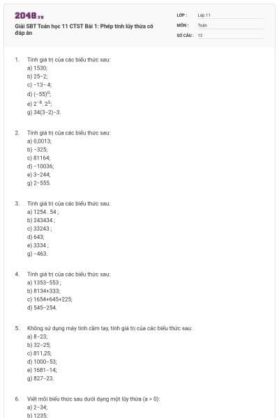 Giải SBT Toán học 11 CTST Bài 1: Phép tính lũy thừa có đáp án