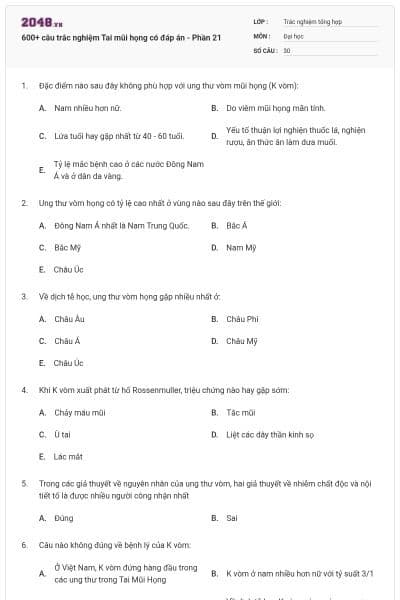 600+ câu trắc nghiệm Tai mũi họng có đáp án - Phần 21