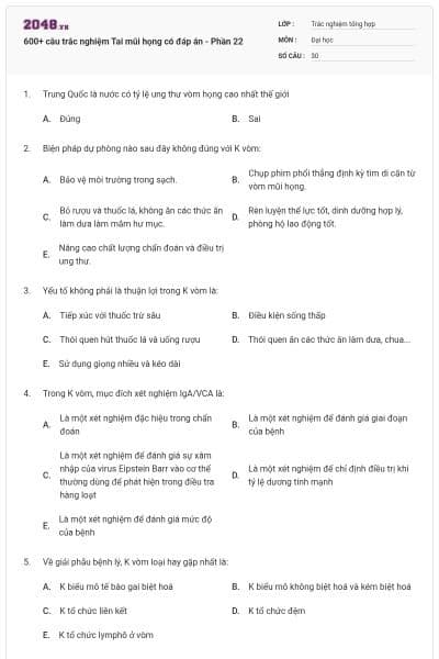 600+ câu trắc nghiệm Tai mũi họng có đáp án - Phần 22