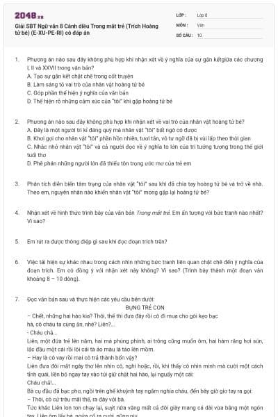 Giải SBT Ngữ văn 8 Cánh diều Trong mắt trẻ  (Trích Hoàng tử bé) (E-XU-PE-RI) có đáp án