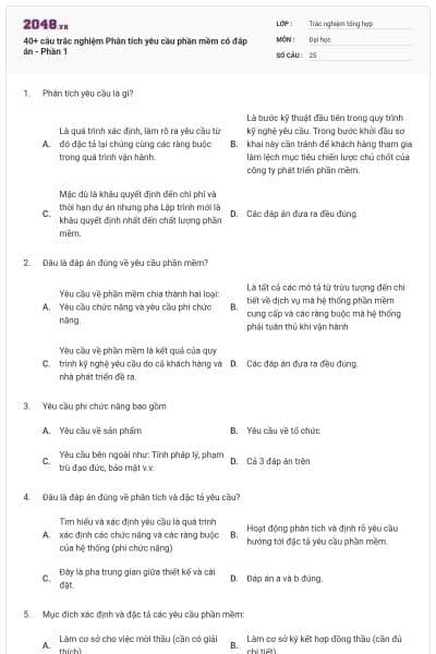 40+ câu trắc nghiệm Phân tích yêu cầu phần mềm có đáp án - Phần 1
