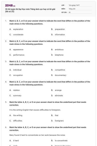 30 đề luyện thi Đại Học môn Tiếng Anh cực hay có lời giải (Đề số 25)